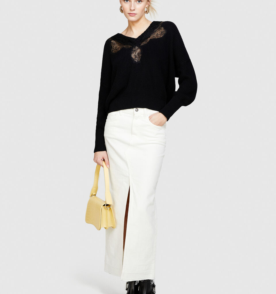 Sweater with lace - women's v-neck sweaters - Black | Sisley image number 1